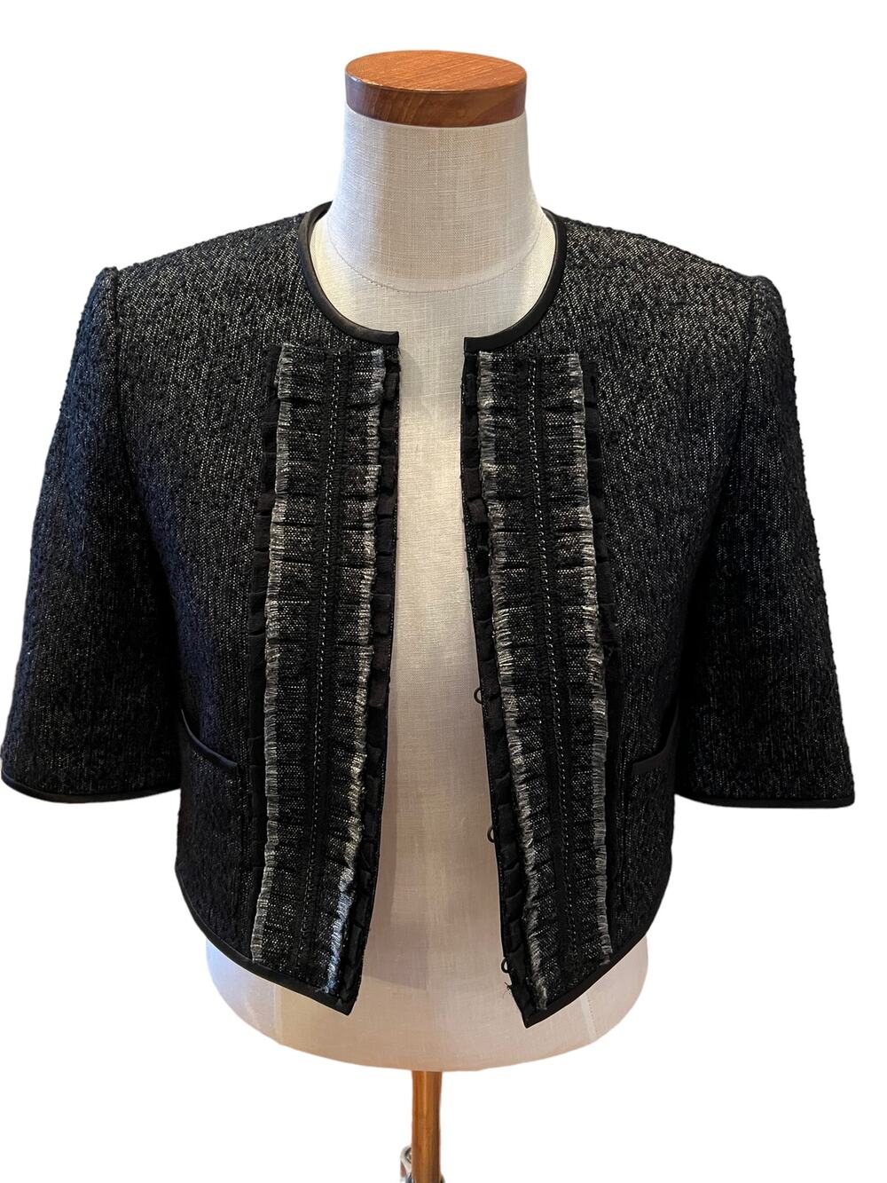 BCBGMaxAzria Cropped Dressy Bolero Blazer Jacket Metallic Black Tweed